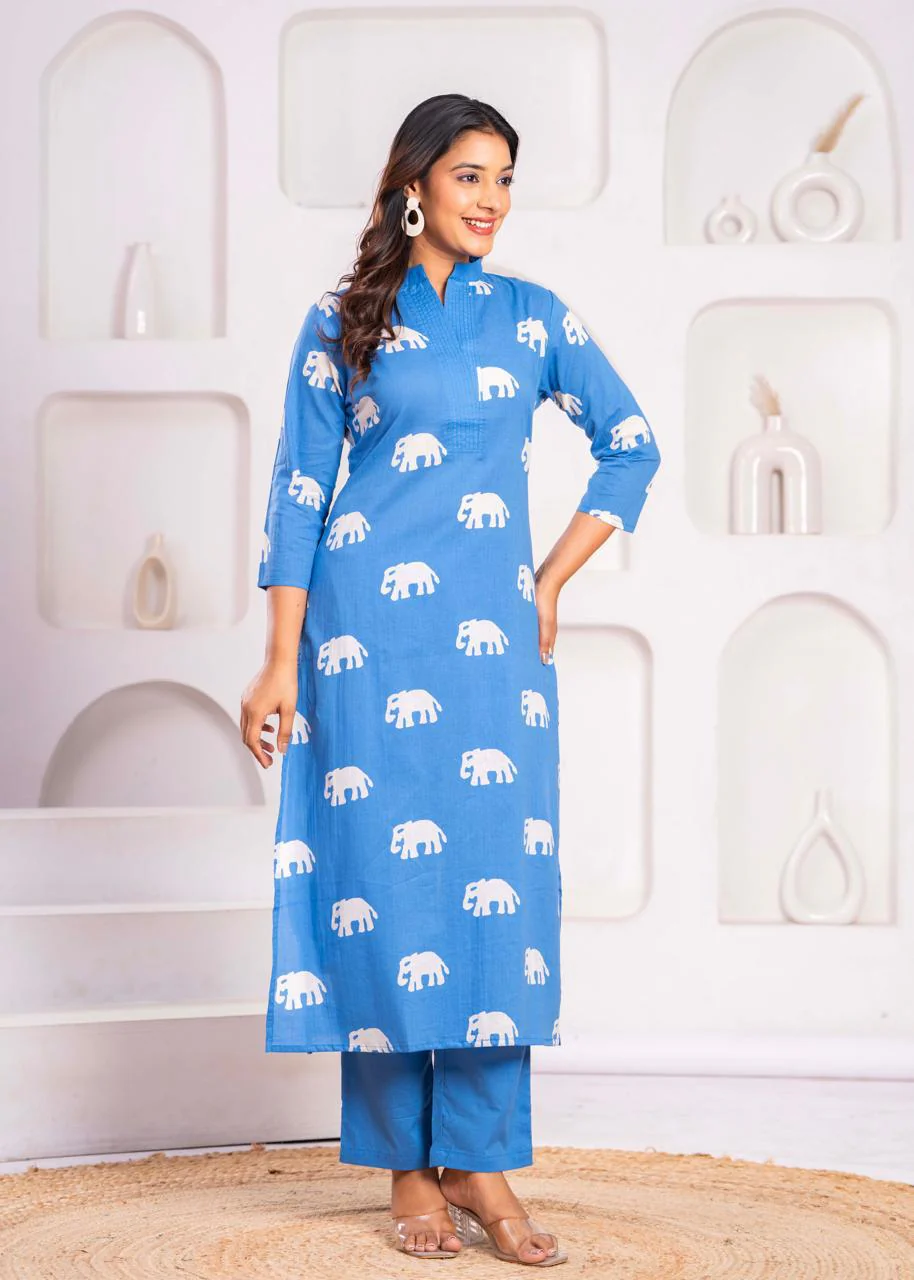 Jayti Aqua Elephant Cotton Kurta Pant Set - Image 8